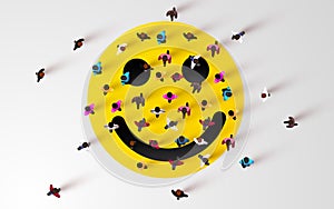 Large group of people standing around smiling emoji. People crowd. Top view