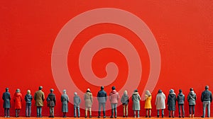 Large group of people standing back in a row on a red background