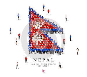 A large group of people are standing in blue, white and red robes, symbolizing the flag of Nepal