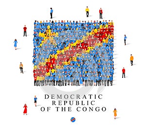 A large group of people are standing in blue, yellow and red robes, symbolizing the flag of the Democratic Republic of Congo