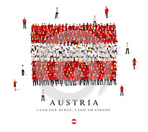 A large group of people are standing in red and white robes, symbolizing the flag of Austria