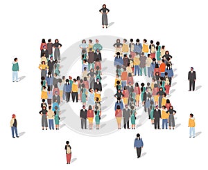 Large group of people standing together forming HR letters, flat vector illustration. Hiring, employment human resources