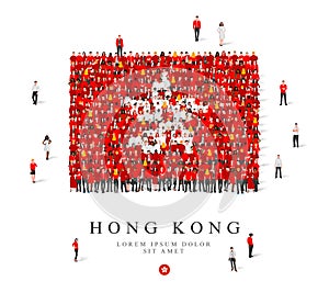 A large group of people are standing in white and red robes, symbolizing the flag of Hong Kong