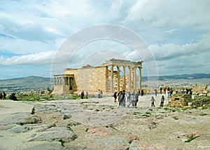 Large Group of People Visiting the Erechtheion Ancient Greek Temple on the Hilltop of Acropolis, Athens, Greece