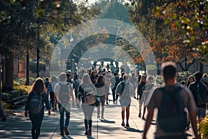A large group of people walking down a busy sidewalk in a bustling campus setting, A bustling campus filled with students walking