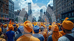 Large Group of People Wearing Orange Turbans photo