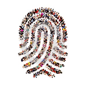 Large group pf people in the shape of a fingerprint on an white background.