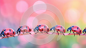 Large group of pink Harlequin ladybird. Invasive ladybirds in line