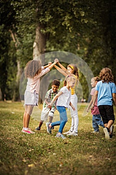 Large group of school kids having fun in nature.  Happy school age