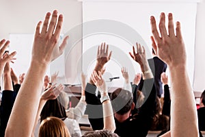 Large group of seminar audience in class room