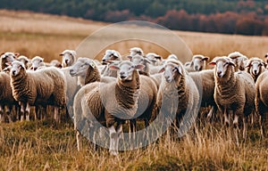 a large group of sheep in a grassy field looking outward