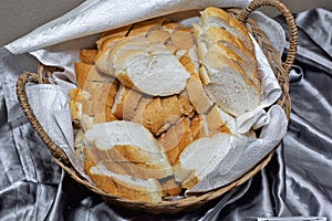 large group of sliced french baguette in a basket.