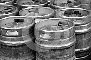 Large group of steel metal beer, lager or ale barrels, casks or vats