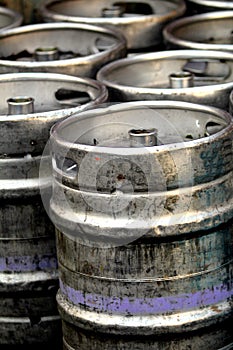 Large group of steel metal beer, lager or ale barrels, casks or vats