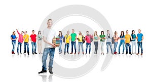 Large group of teenage students isolated on white background. Many different people standing together. School, education