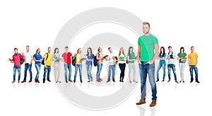 Large group of teenage students on white