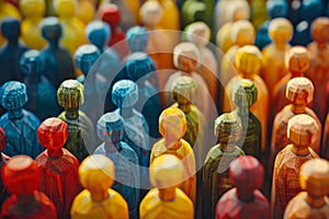 Large group of wooden people in many colors. Value dignity and respect for all people photo