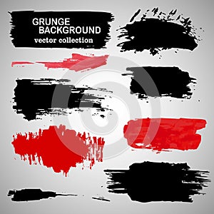 Large grunge elements set. Brush strokes, banners, borders, splashes, splatters.... Vector illustration. Black and red