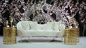 A large hall for celebrations. Interior of a wedding hall wedding decoration. Move camera