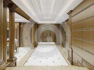 Large hall hallway in classic style with wooden walls and columns with arches and white tiles on the floor