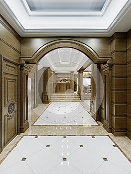 Large hall hallway in classic style with wooden walls and columns with arches and white tiles on the floor