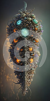 A large Halloween biomechanical structure striving up. Neon glowings in style of synthwave. Vertical AI generated photo