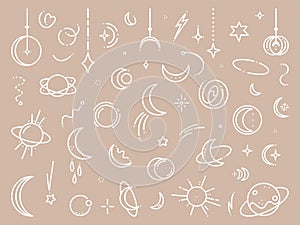 A large hand-drawn set of celestial bodies and mystical magical elements in vintage boho style. Illustration for a sticker or