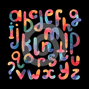 Large hand drawn watercolor font. Abc letters sequence from A to Z. Lowercase freehand letters in reonded plump shapes, drawn