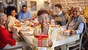 Large happy family celebrate Christmas - Cute girl giving x-mas present