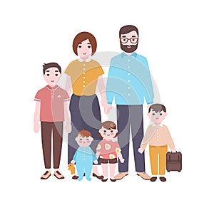 Large happy family portrait. Smiling mother, father, and children standing together. Adorable funny cartoon characters