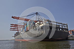 Large harbor cranes loading container ships in the port of Rotterdam