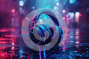 Large headphones lay on the night pavement. Night disco music background with neon lighting