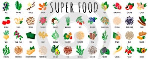 Large healthy super food set as acai, quinoa, goji, chia, maca, spirulina, mulberry, cocoa, sesame, hemp, turmeric