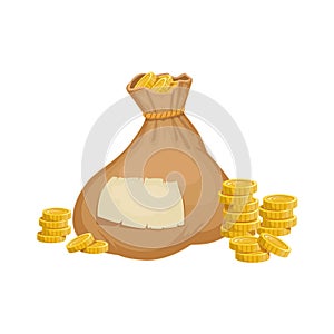 Large Heavy Closed Sack With Golden Coins, Hidden Treasure And Riches For Reward In Flash Came Design Variation