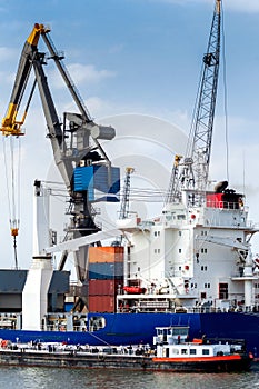 Large heavy-duty container ship in the port of Rotterdam, Nether