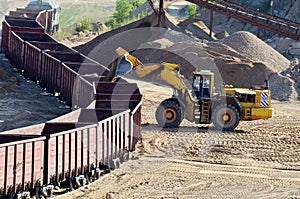 Large heavy front-end loader loading sand it to the freight train