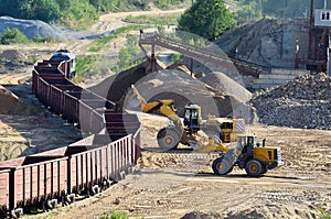 Large heavy front-end loader loading sand to the freight train