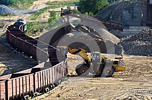 Large heavy front-end loader loading sand it to the freight train. Heavy mining work in a quarry