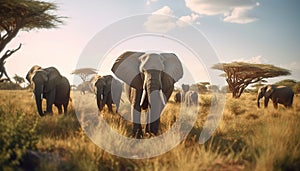 Large herd of African elephants grazing in the African savannah generated by AI