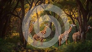 A large herd of giraffes standing under acacia tree at dusk generated by AI