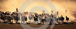 Large herd of horses running across a meadow in the countryside.