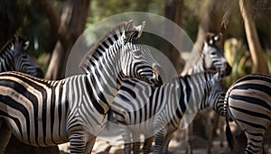 A large herd of striped zebras walking in the African savannah generated by AI