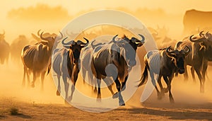 Large herd of wildebeest grazing in the African savannah at sunset generated by AI