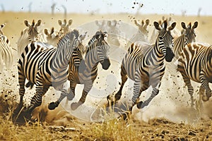 A large herd of zebras galloping across the savanna photo