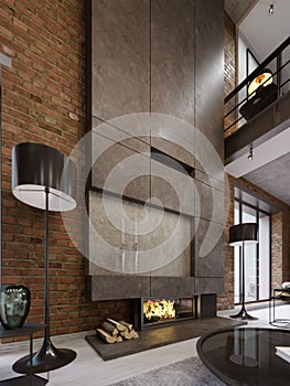 Large high concrete fireplace with built-in firebox with burning fire. Two black floor lamps