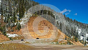 Large highway rock cut on a mountain pass