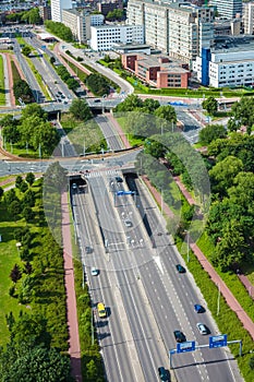 Large highway with roundabout in the Dutch city of Rotterdam