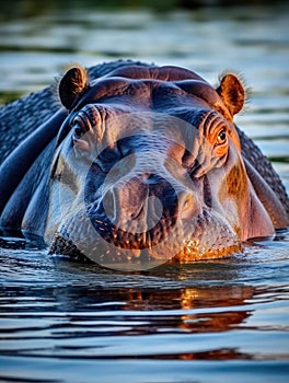 Large hippopotamus is swimming in water with its head above surface. The animal\'s face can be seen clearly as it looks