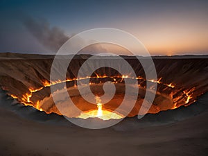 a large hole in the desert with a fire inside