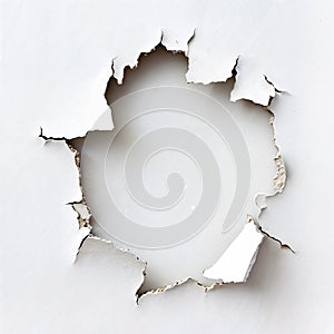 large hole in a white wall with cracks and blank space on the inside photo